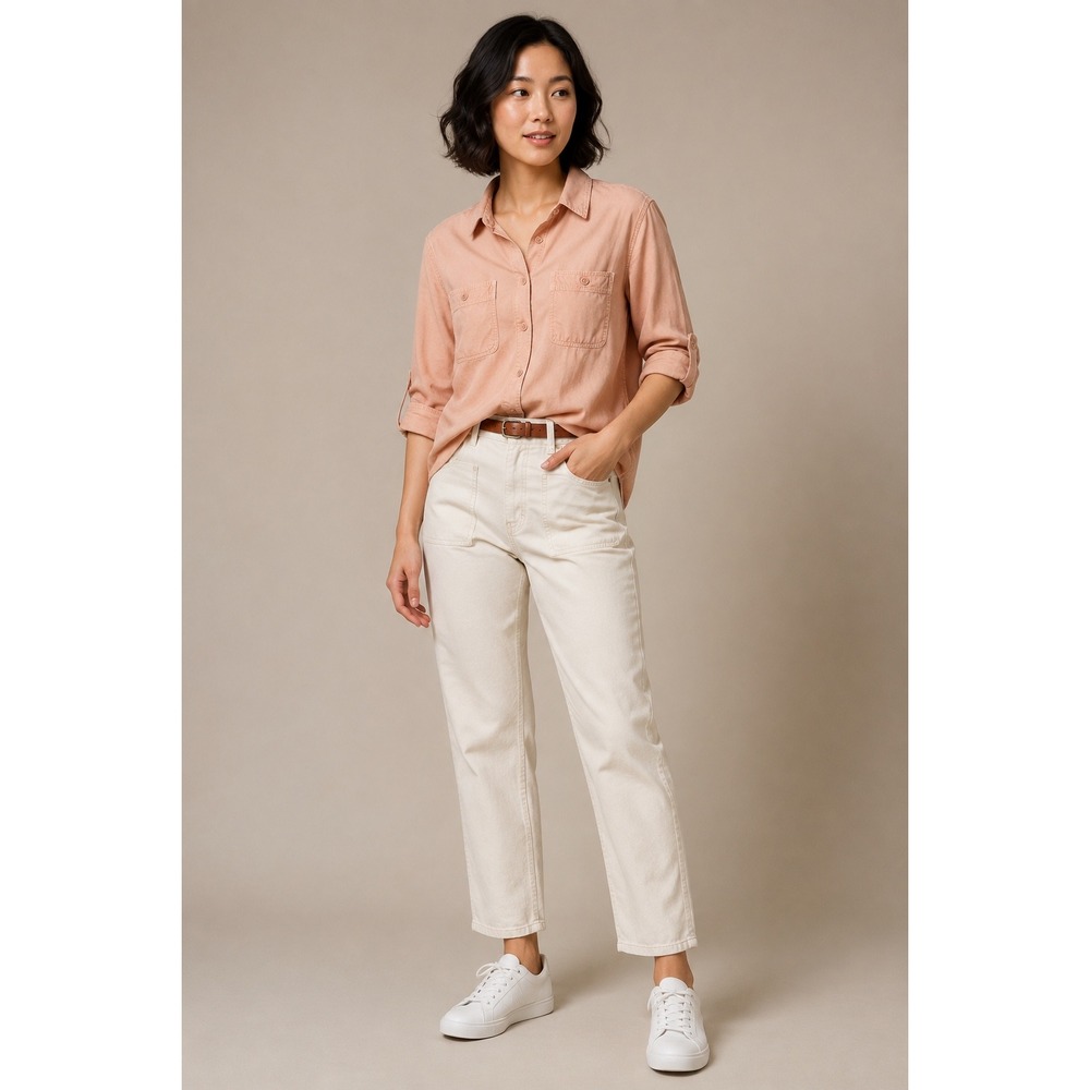 American Eagle Button Down Shirt Women Small Peach Roll Tab Long Sleeve Pockets